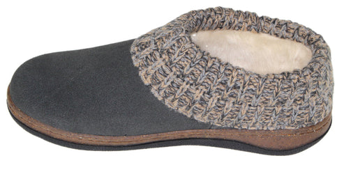 Grey slipper with knit cuff.