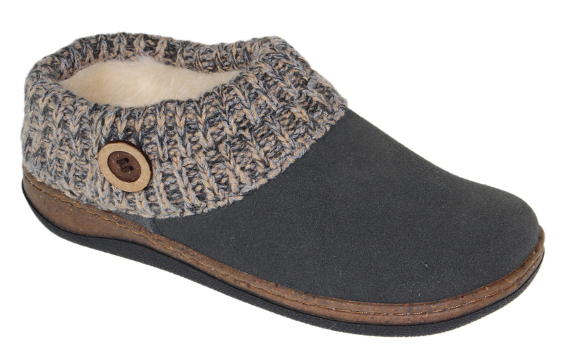 Slipper: Gray, with knit detail and button.