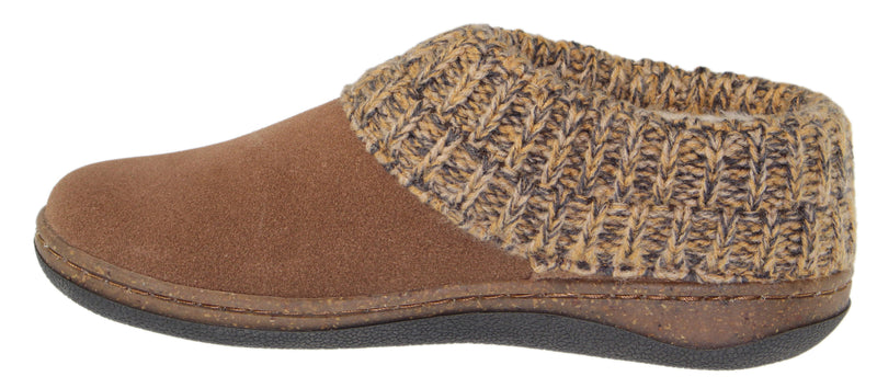 A brown slip-on shoe with a knitted cuff.