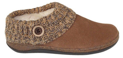 A brown suede slipper with a knitted cuff and a button detail.