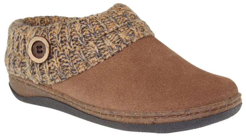 Tan slipper with knit cuff and button detail