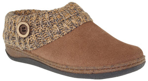 Tan slipper with knit cuff and button detail