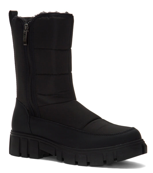 Black quilted nylon mid-calf boot with side zip and lug sole.