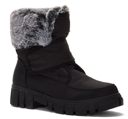 Black puffy snow boot with velcro strap and gray fur collar.