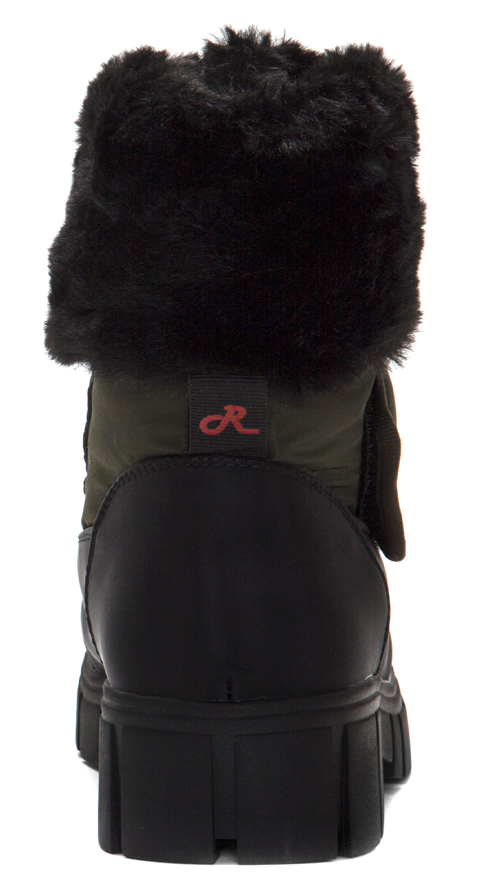 Rear view of a black boot with faux fur trim and chunky lug sole.