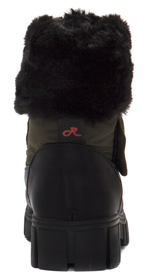 Rear view of a black boot with faux fur trim and chunky lug sole.