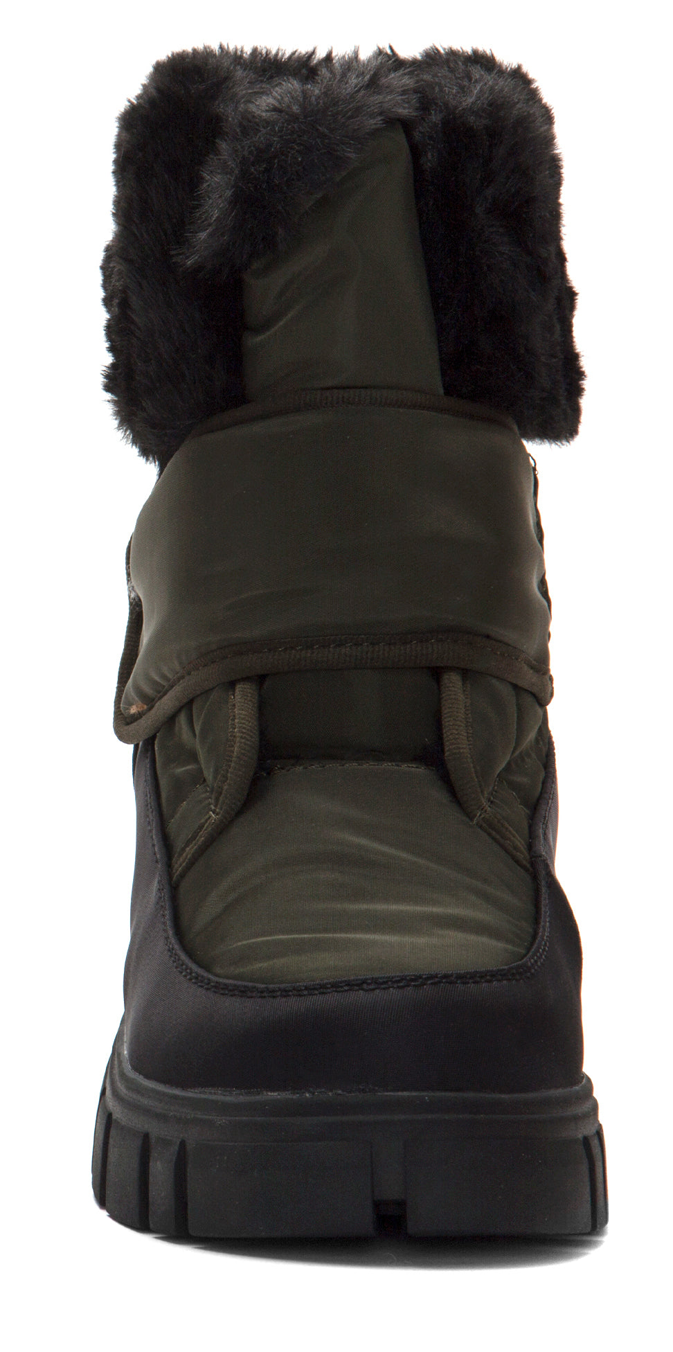 Olive green and black snow boot with fur trim and velcro strap.