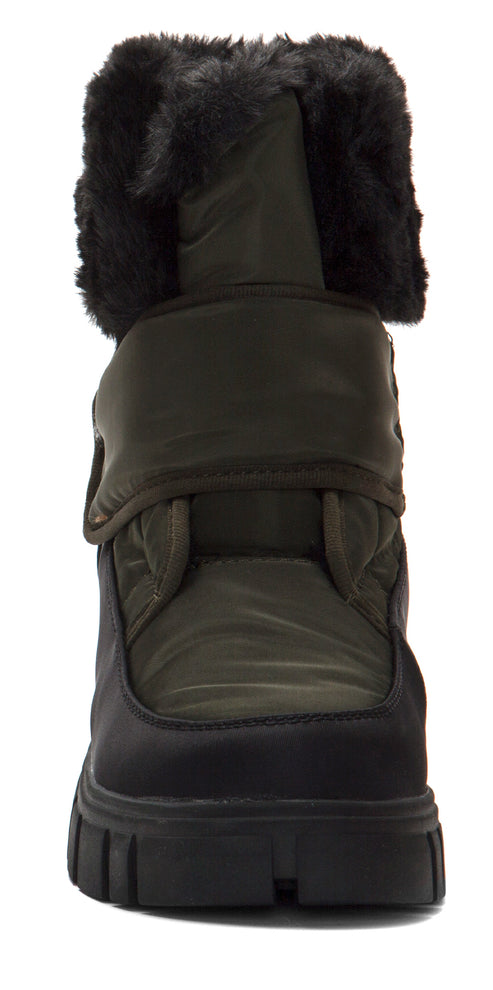 Olive green and black snow boot with fur trim and velcro strap.
