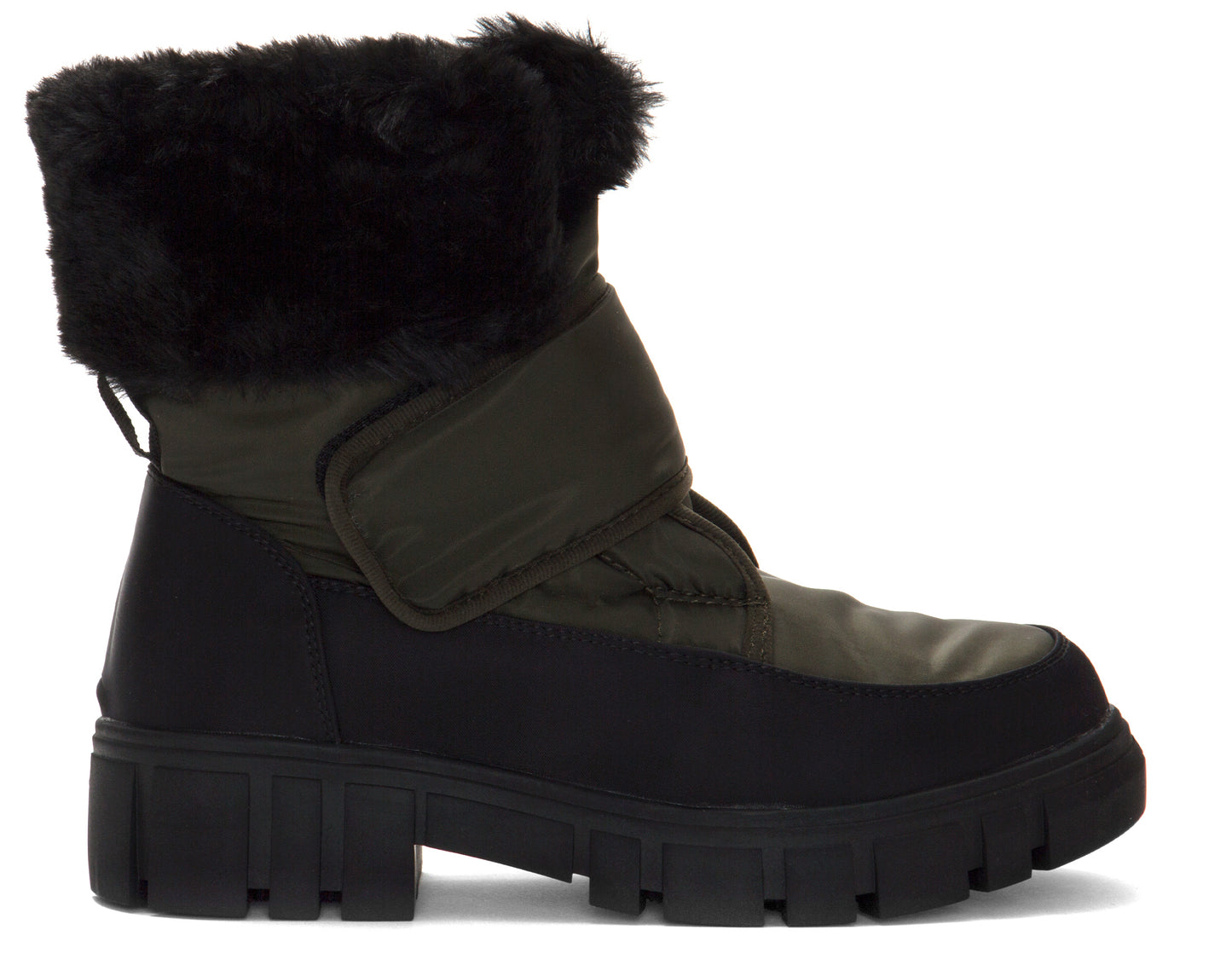 Ankle-high boot featuring a black treaded sole, black heel, olive green upper, black fur trim, and wide hook-and-loop strap.