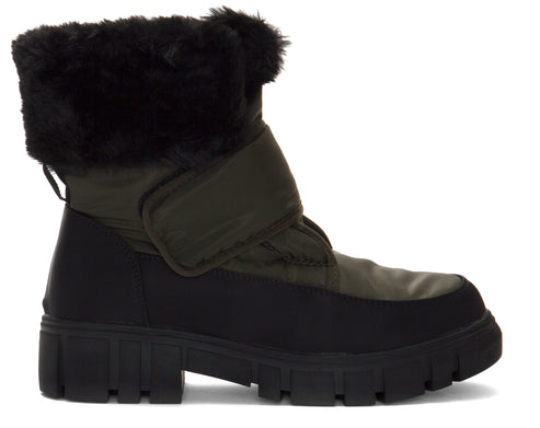 Ankle-high boot featuring a black treaded sole, black heel, olive green upper, black fur trim, and wide hook-and-loop strap.