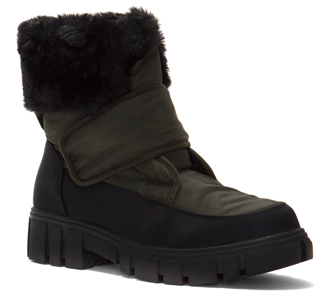 Olive green and black boot with faux fur trim and lug sole.