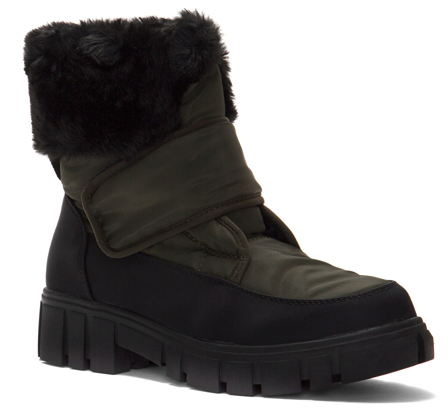 Olive green and black boot with faux fur trim and lug sole.
