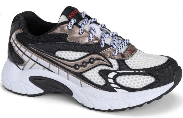 A running shoe with a white sole, white mesh, black trim and white and black laces.