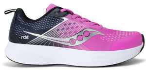 A pink and white running shoe with black accents and the word "ride" on the side.