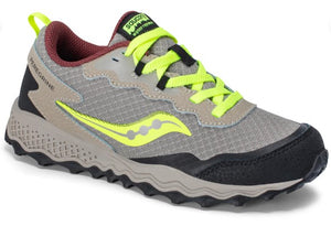 Trail running shoe: gray mesh upper with yellow logo and neon laces, black midsole, lugged black outsole, maroon collar.