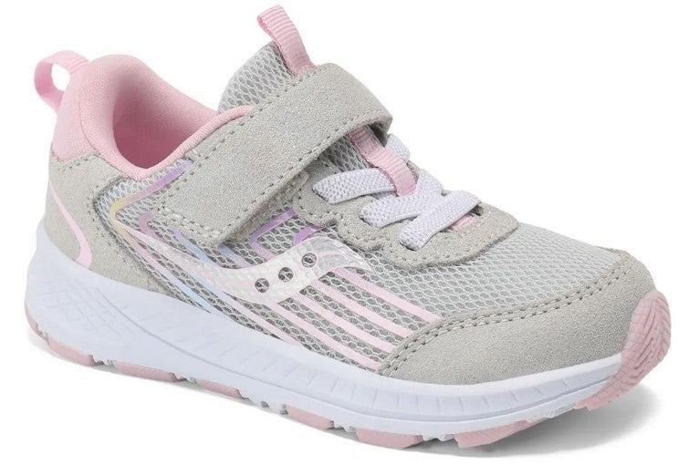 Gray and pink toddler sneaker with hook-and-loop strap.