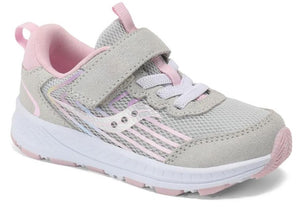 Gray and pink toddler sneaker with hook-and-loop strap.