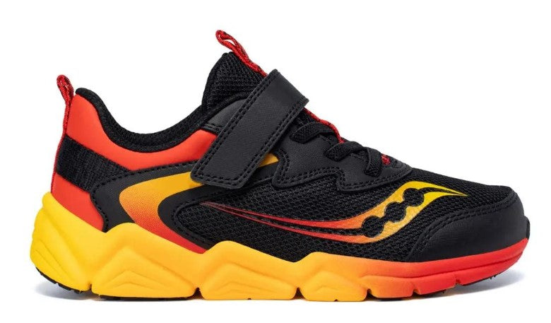 Black shoe with red and yellow accents and velcro strap.