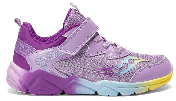 Lavender sneaker with purple details, hook-and-loop fastener, ombre sole, and glitter accent.