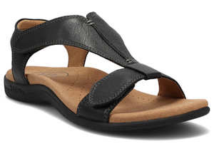 Black leather T-strap sandal with hook-and-loop fastener.