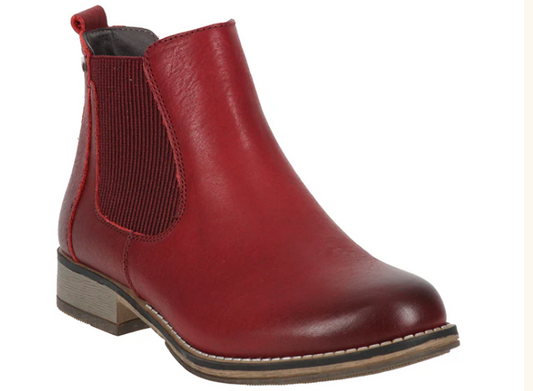 Red leather ankle boot with elastic side panels and low heel.