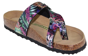 Floral slide sandal with toe loop, buckle, and cork footbed.