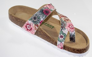 Floral patterned toe thong sandal with cork sole.