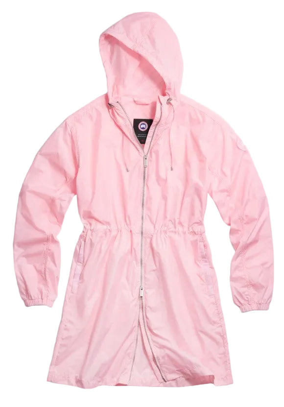 A light pink, long-sleeved windbreaker jacket featuring a hooded design, a full-length front zipper, an adjustable cinched waist, and elasticated cuffs.