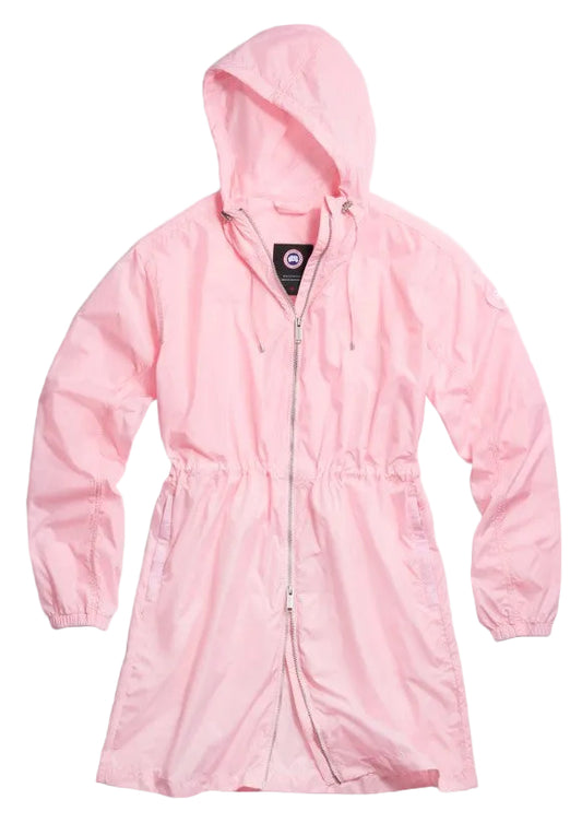 A light pink, long-sleeved windbreaker jacket featuring a hooded design, a full-length front zipper, an adjustable cinched waist, and elasticated cuffs.