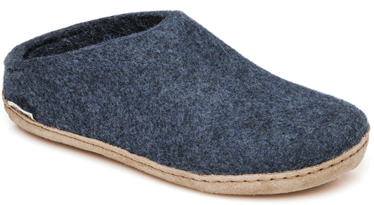 Dark blue felt slipper with low profile sole.
