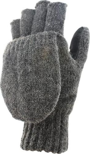Gray wool glove with mitten flap.