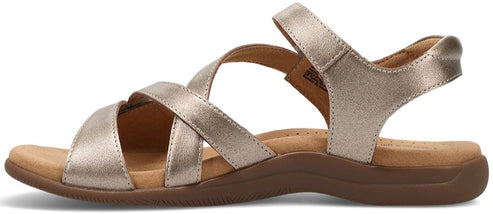 A women's metallic gold sandal with crossing straps and an ankle strap.