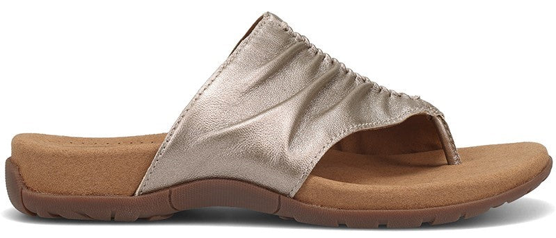 A women's bronze sandal with a thick tan sole.