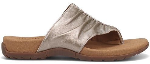 A women's bronze sandal with a thick tan sole.
