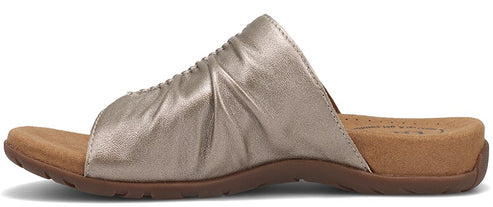 A women's champagne slide sandal with a ruched upper.