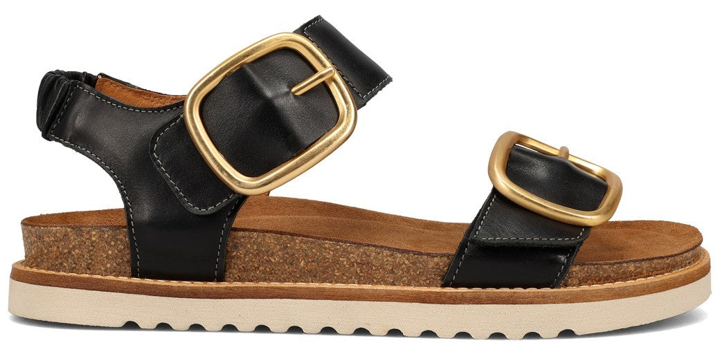 Black sandal with gold-colored buckles.