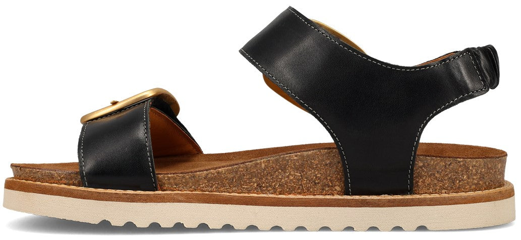 Black leather sandal with gold buckle and cork footbed.