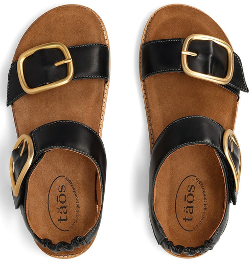 Overhead view of a pair of black leather sandals with gold buckle.