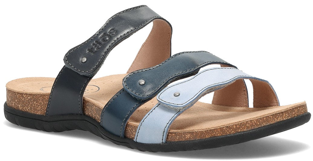 A light blue and gray leather sandal with adjustable straps and a cork footbed.