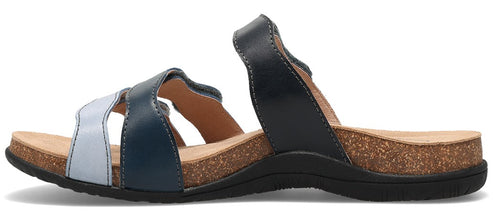 A women's open-toed sandal with blue and light blue straps and a cork sole.