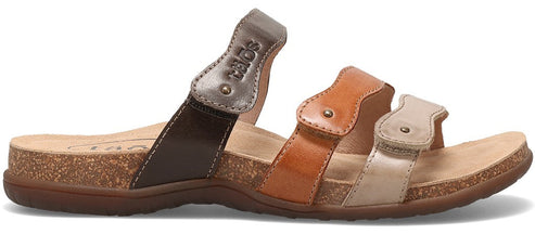 Three-strap sandal with metallic and brown leather straps.