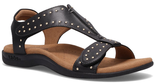 Black sandal with rhinestone studs, adjustable front strap and heel strap.