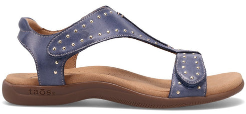 A blue leather sandal with silver studs on the straps.
