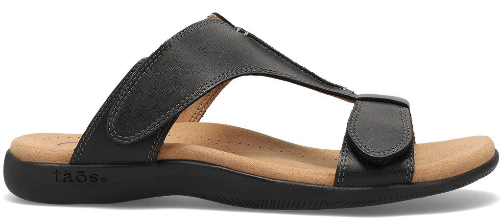 Black leather sandal with adjustable straps and tan footbed.