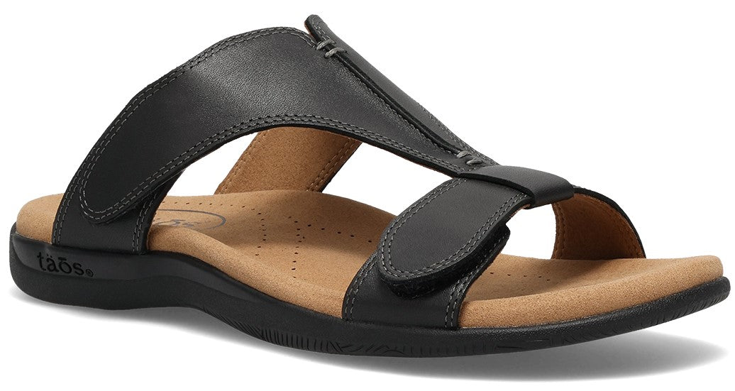 Black sandal with two adjustable straps and contoured footbed.