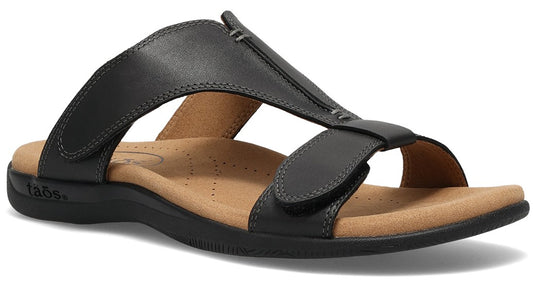 Black sandal with two adjustable straps and contoured footbed.