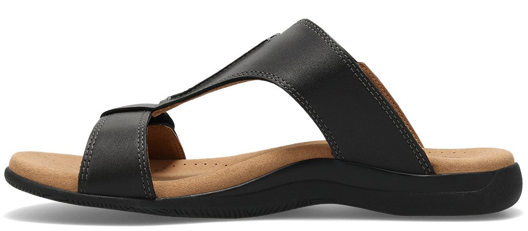 A black sandal with a tan sole.