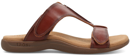 A brown leather sandal with two adjustable straps.