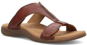 Brown leather sandal with adjustable straps and molded footbed.