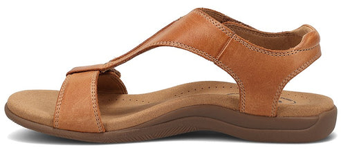 A brown leather T-strap sandal with a slingback strap.